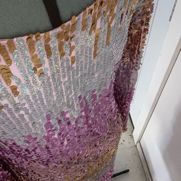 SOLD: Pink, Gold, Silver gradient/ombré sequined long sleeve cocktail dress - Picture 2 of 6
